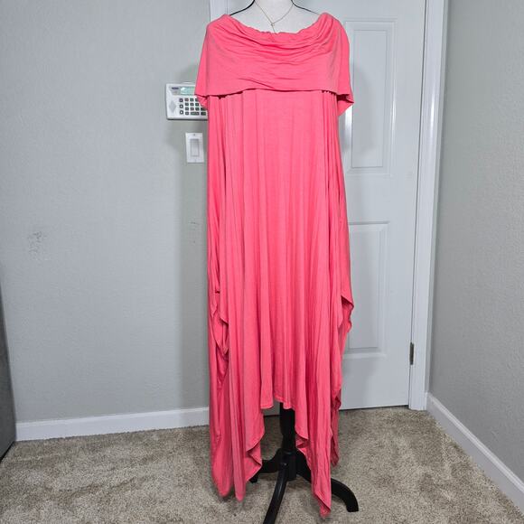 Love in Dresses & Skirts - Women's Coral Off Shoulder Maxi Dress Plus XL Asymmetrical Boho Flowy Vacation